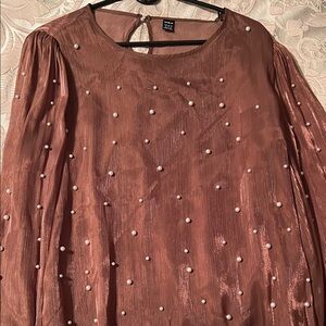 SHEIN Brown Blouse with Pearl Accents
